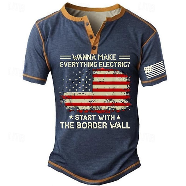 Border Wall Inspired American Flag 3D Print Henley T-Shirt in Street Style for Sports and Outdoor Activities