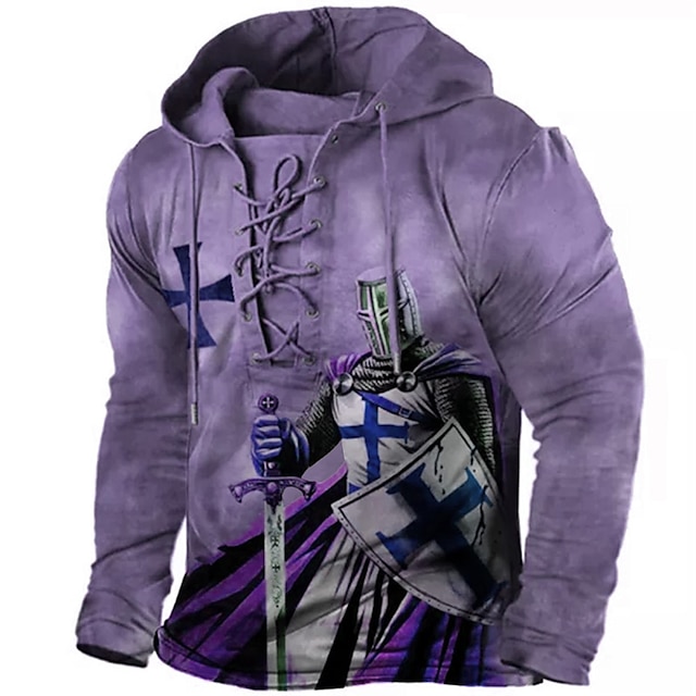 Distressed Graphic Print Pullover Hoodie with Knights Templar Design - Casual and Designer 3D Print Sweatshirt for Sports & Daily Wear